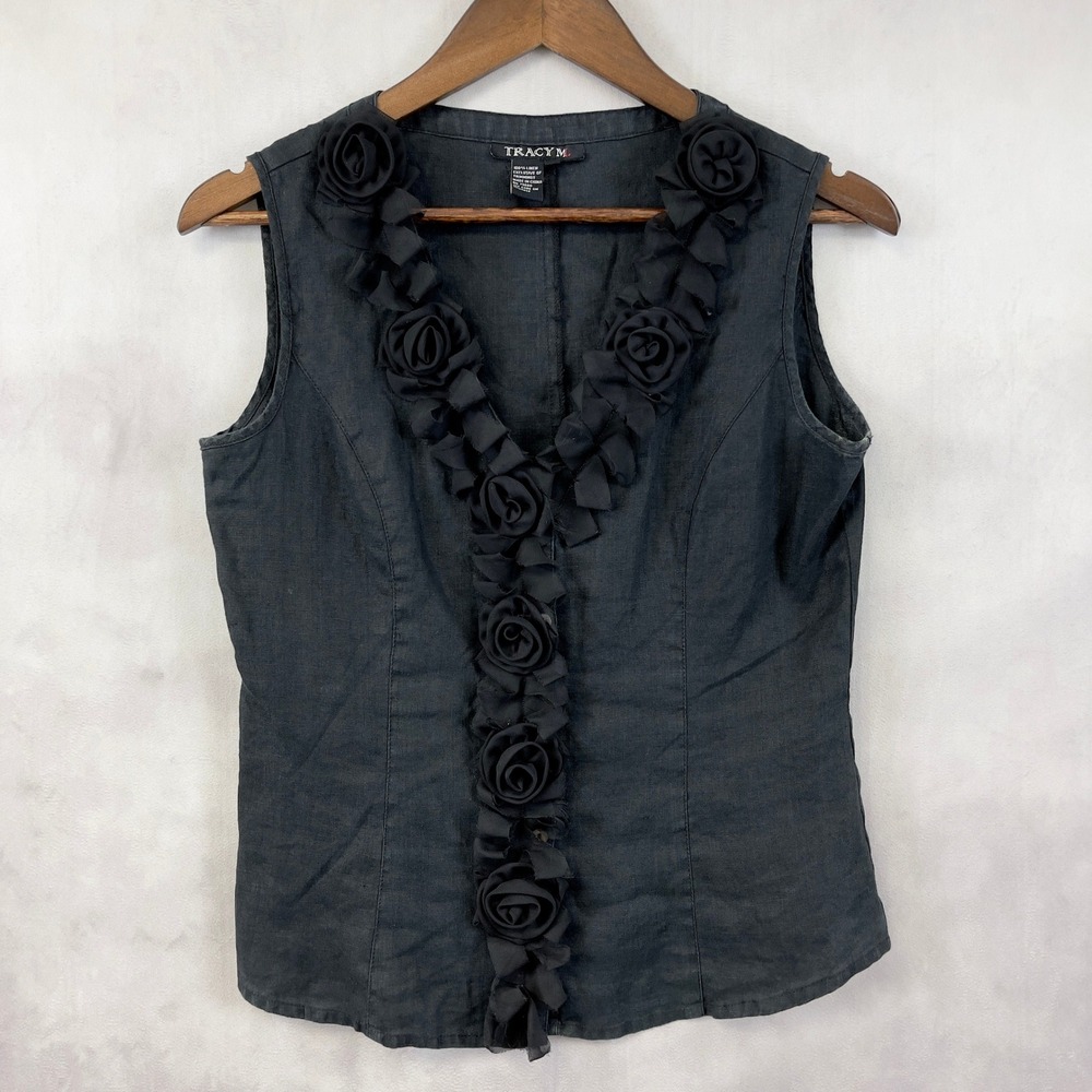 Tracy M Black Sleeveless V-Neck Rose-Trim Blouse